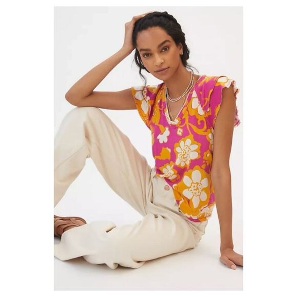 Anthropologie Maeve Floral Short Sleeve Top in Pink and Yellow